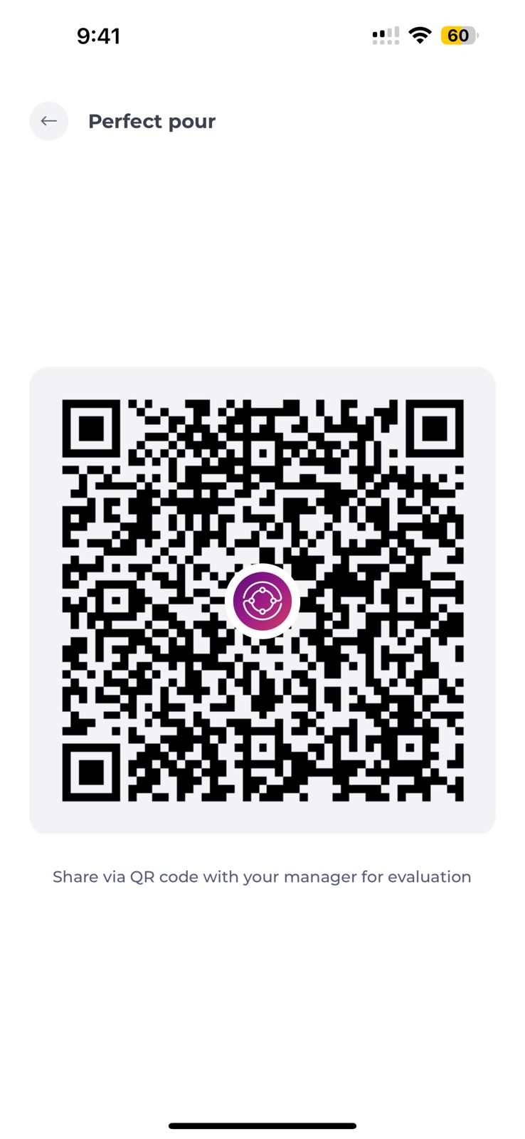 A qr code with a purple circle<br><br>Description automatically generated