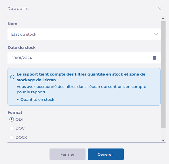 Les rapports disponibles sur l'écran Stock-Rapports.PNG